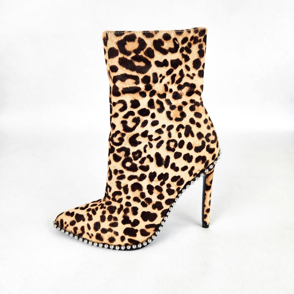 Steve Madden Worthy Heeled Stiletto Ankle Booties Leopard Cow Hair 6